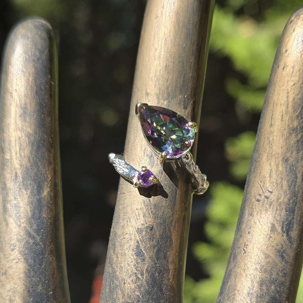 Sultans Mystic Stone & Amethyst Teardrop Sterling & Gold Ring Sz7 - Picture 4 of 10